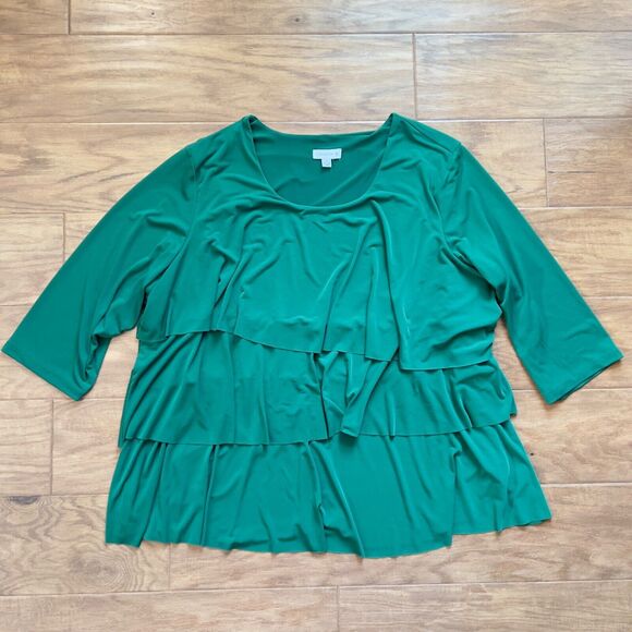 Susan Graver Top Size 3X Green Liquid Knit Tiered 3/4 Sleeve - Picture 1 of 7